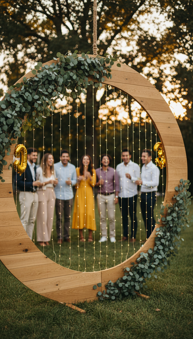 Painel Redondo com Fairy Lights e Folhagens