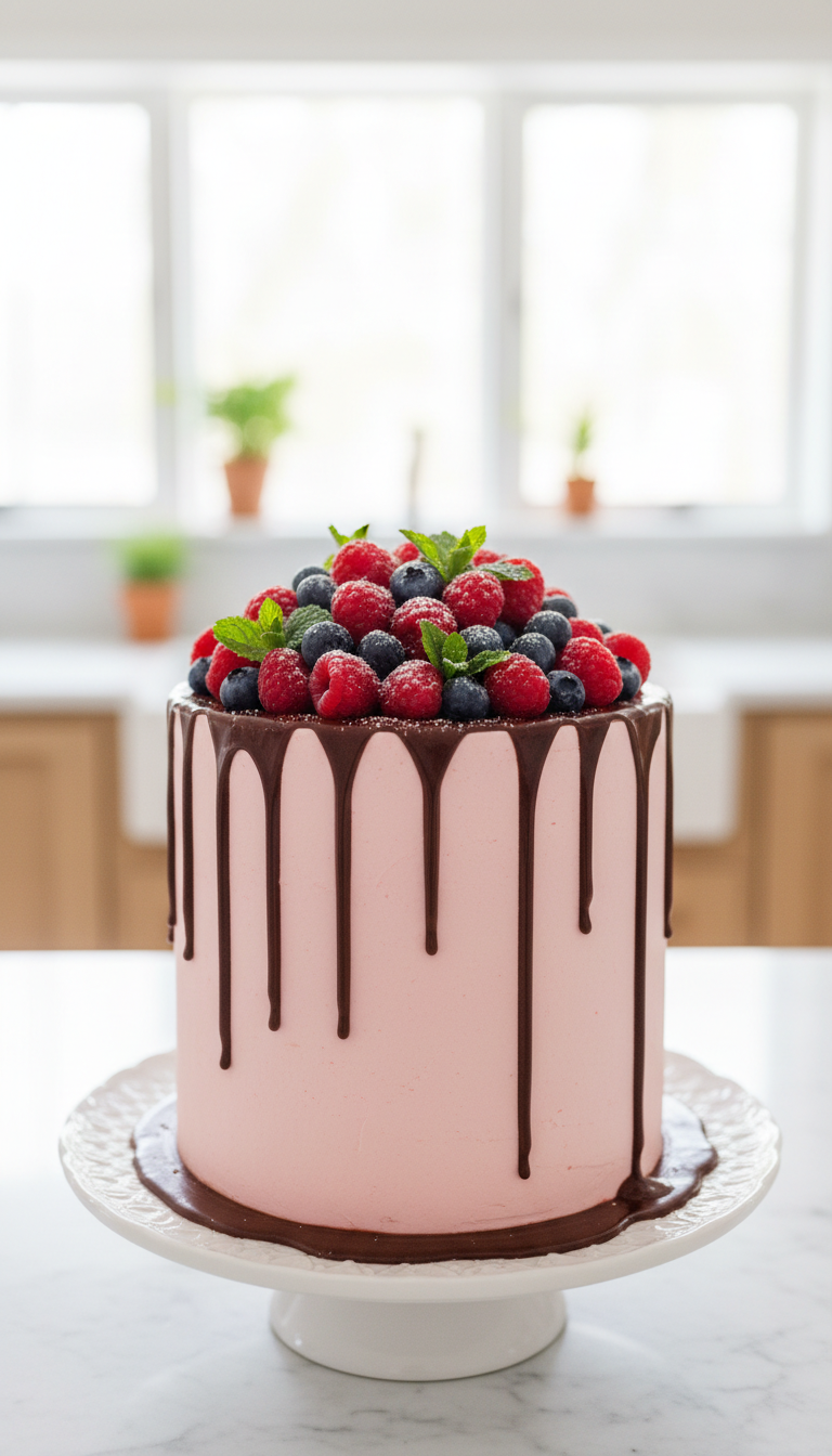 Drip Cake Romântico com Frutas Vermelhas