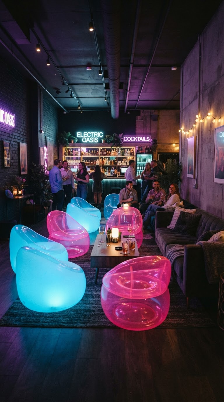 7. Lounge Neon com Infláveis e Almofadas
