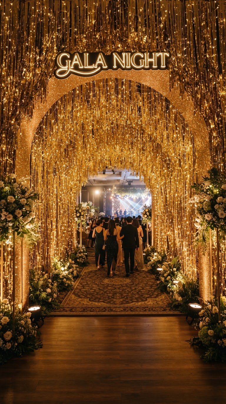 7. Túnel de Entrada com Cortina de Luzes e Fitilhos