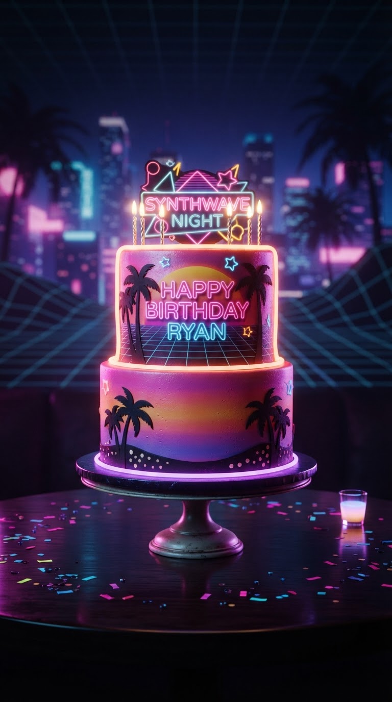Bolo de Aniversário Retro-Wave Estilizado