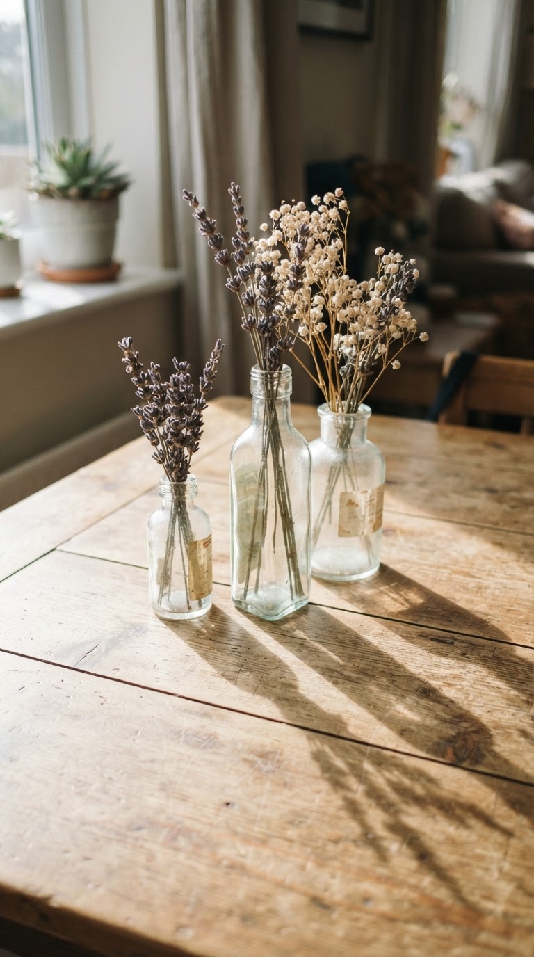 Centro de Mesa com Garrafas Reutilizadas e Flores Secas