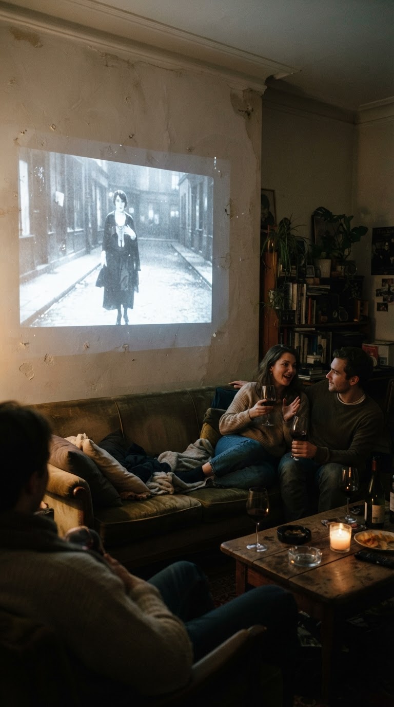 4. A galeria de projeção de cinema mudo em paredes texturizadas