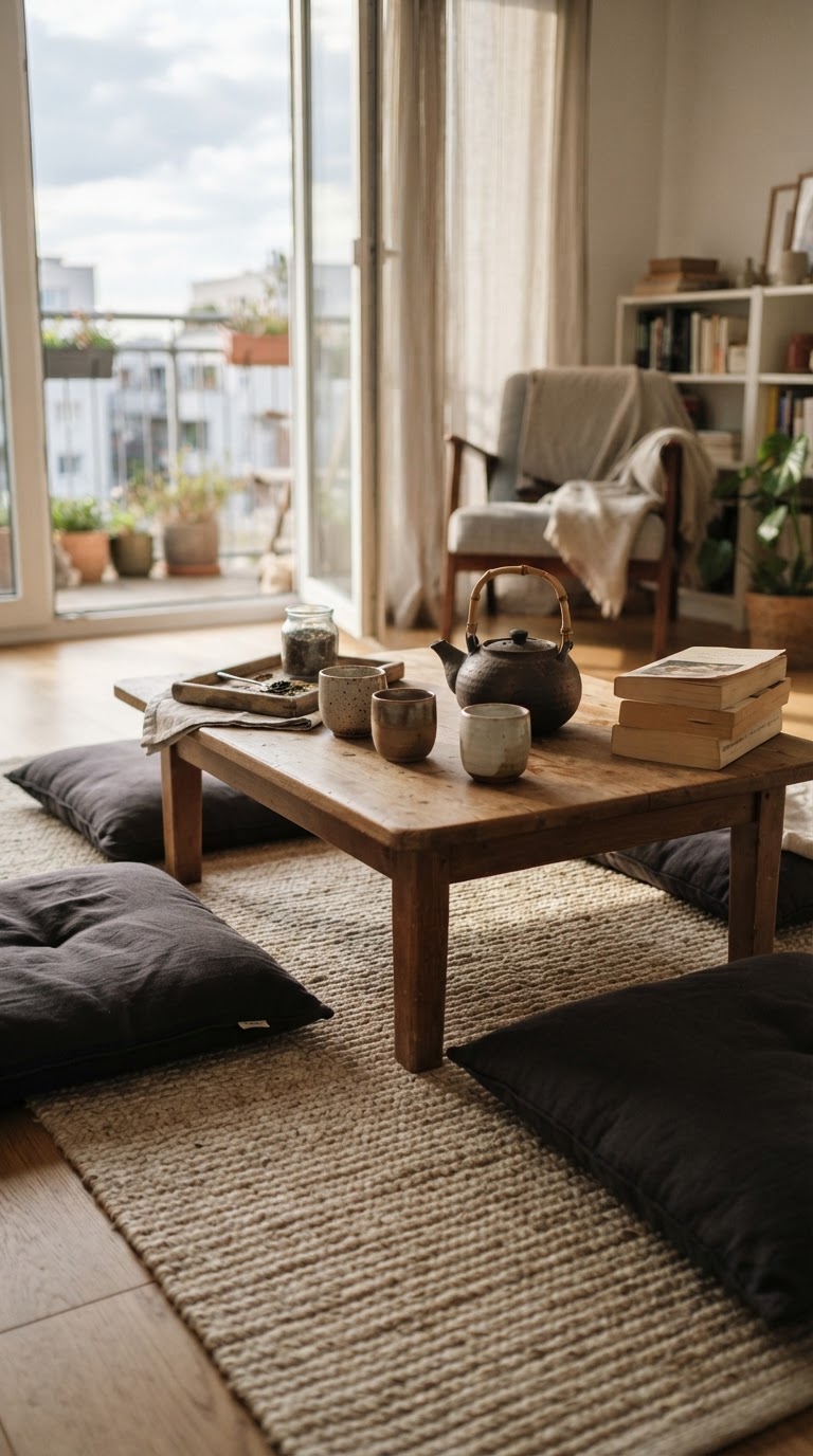7. A mesa baixa de chá japonês com almofadas tatame e cerâmica crua