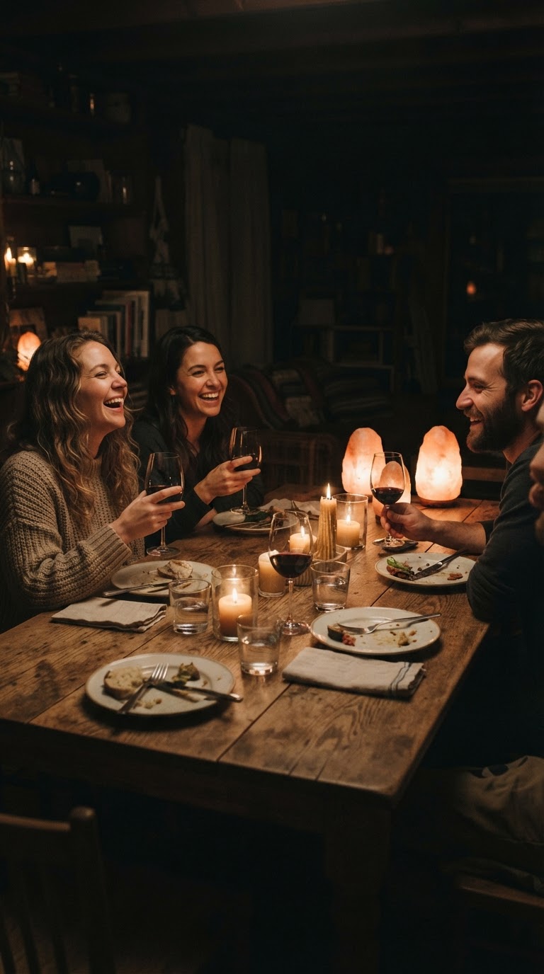 8. La cena al buio parziale guidata da lampade di sale e fiamme libere