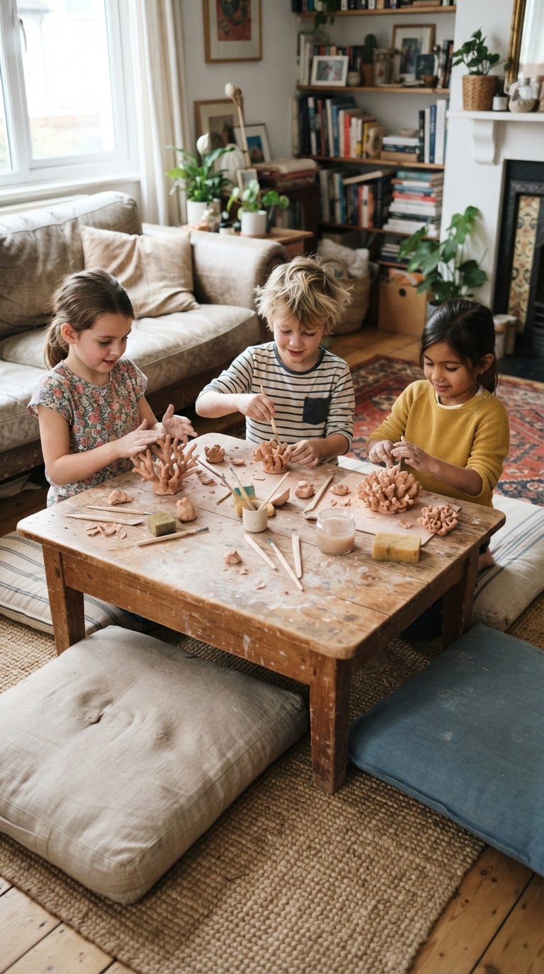 4. A mesa baixa dos corais de argila e biscuits modelados na hora