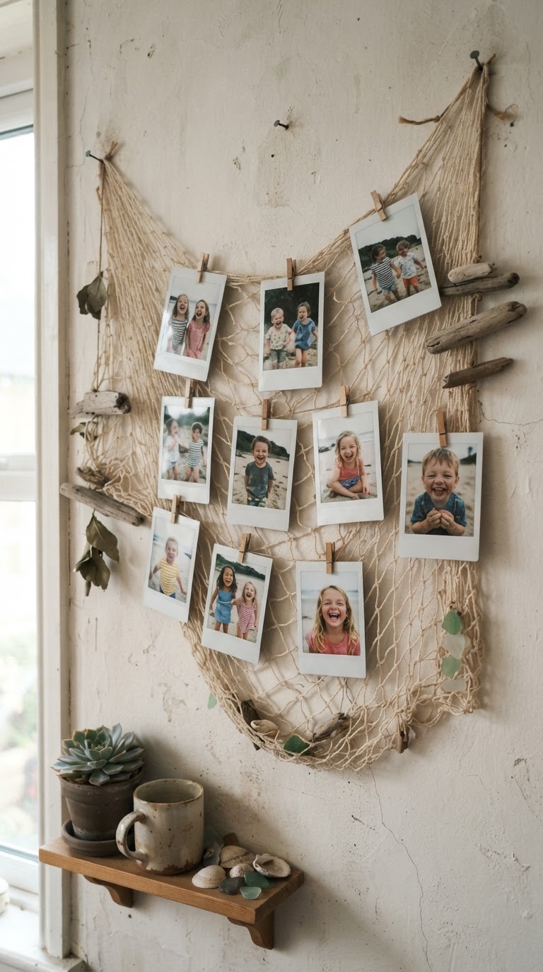 7. O painel fotográfico de rede de pesca artesanal com fotos polaroid das crianças