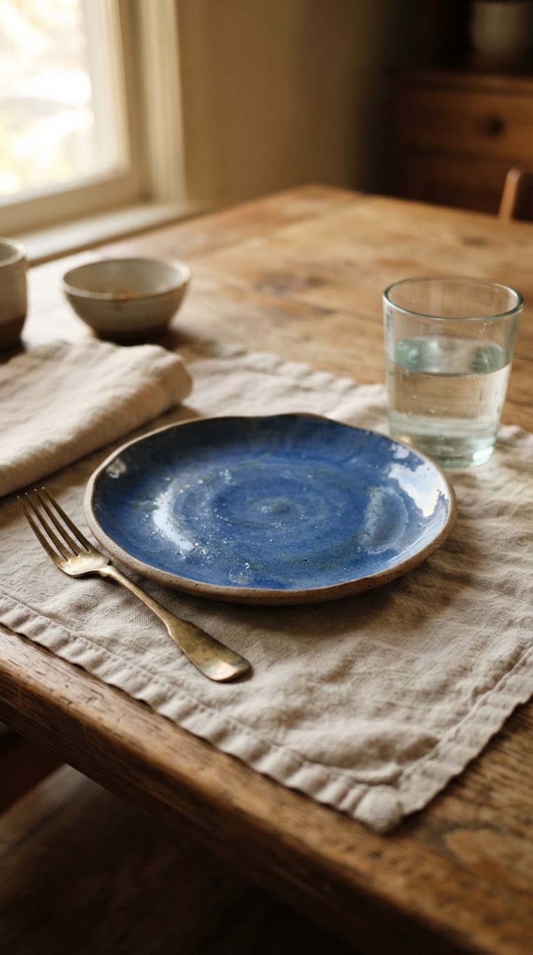 4. A mesa posta com louça de cerâmica rústica esmaltada em azul cobalto