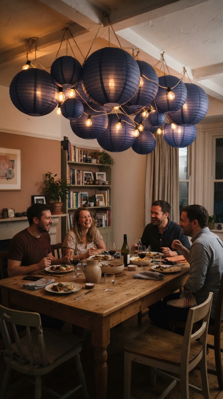 6. O teto estrelado com lanternas de papel de seda índigo e luz de filamento