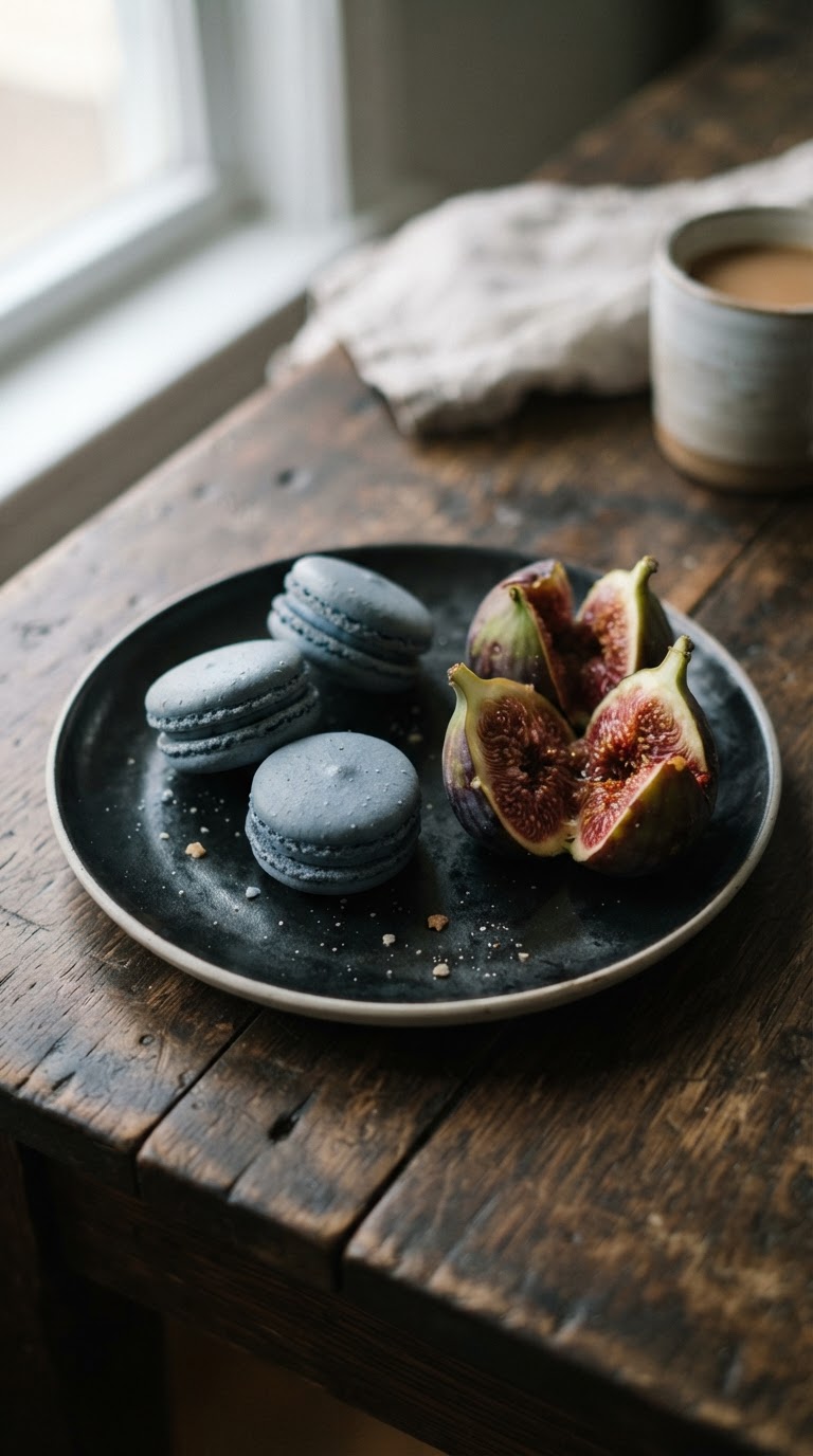 8. O menu de sobremesas com macarons de mirtilo e figos frescos
