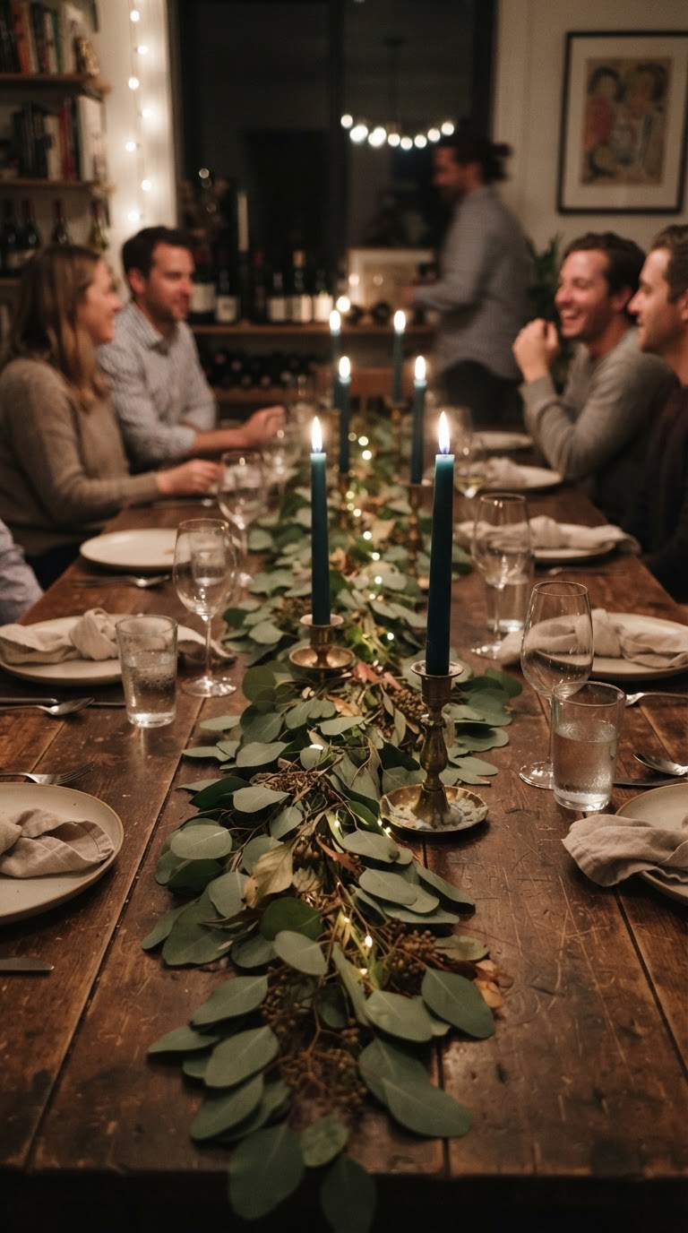 9. O caminho de mesa com folhas de eucalipto preservadas e velas azul-petróleo
