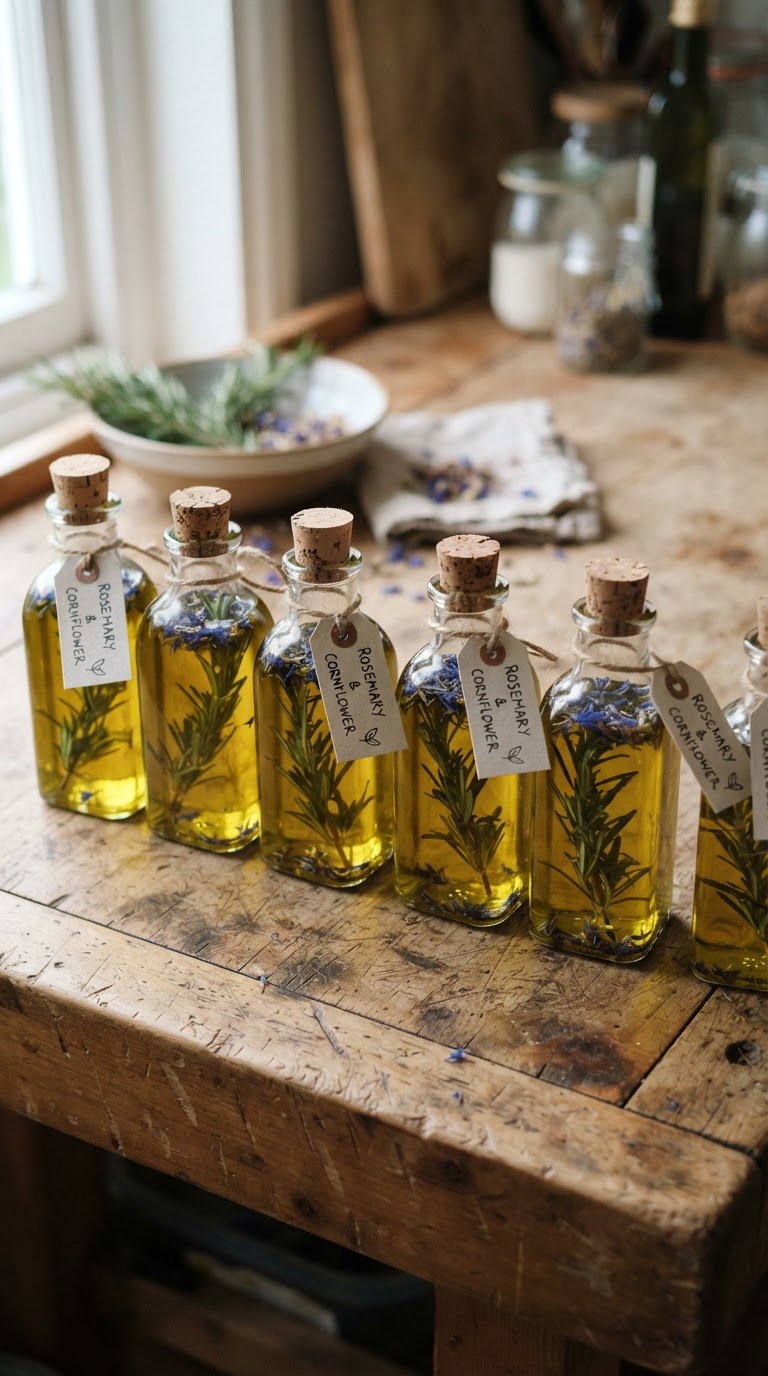 11. A lembrancinha de mini-garrafas de azeite aromatizado com alecrim e flores azuis