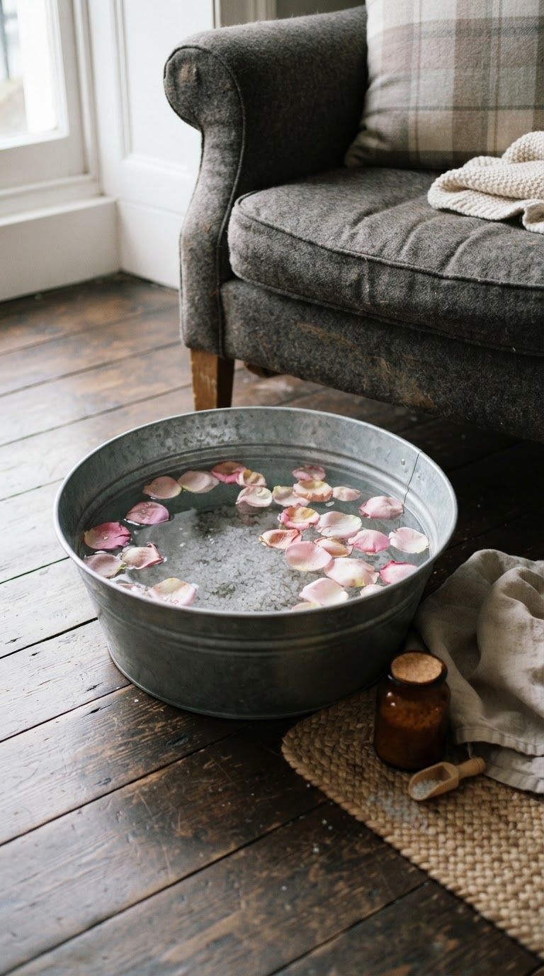 10. O ritual de boas-vindas com escalda-pés de sal marinho e pétalas secas de rosa