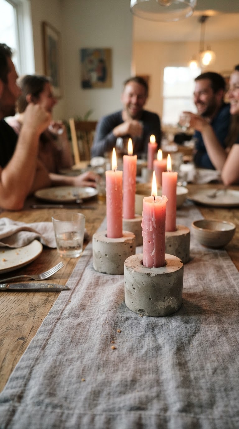 11. A iluminação de velas de cera de abelha rosa dispostas em suportes de concreto cinza