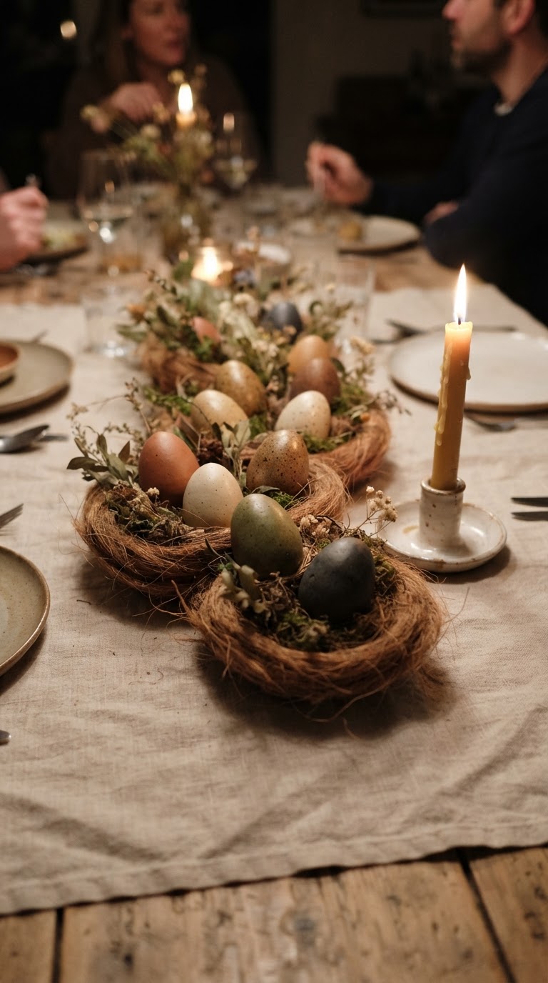 5. O centro de mesa conceitual com ninhos de fibra de coco e ovos de cerâmica fosca
