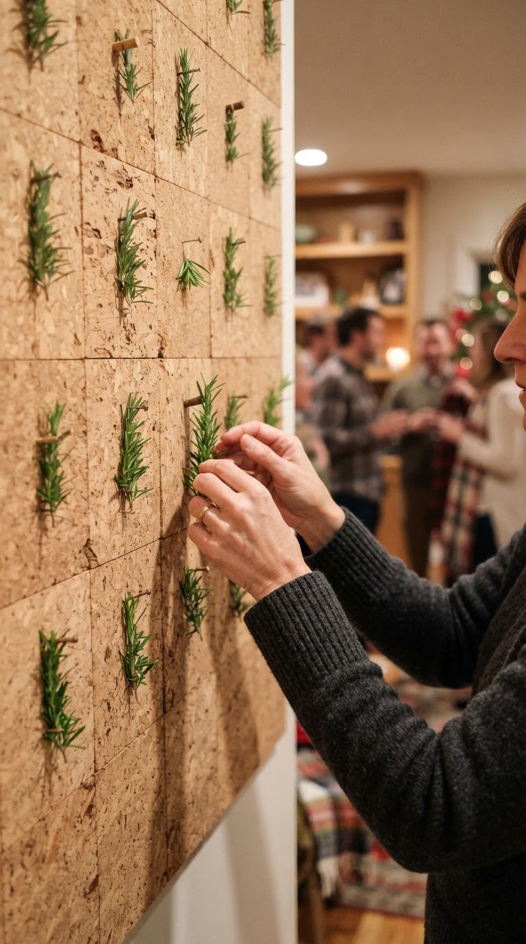 6. O painel de fundo texturizado com placas de cortiça natural e raminhos de alecrim espetados