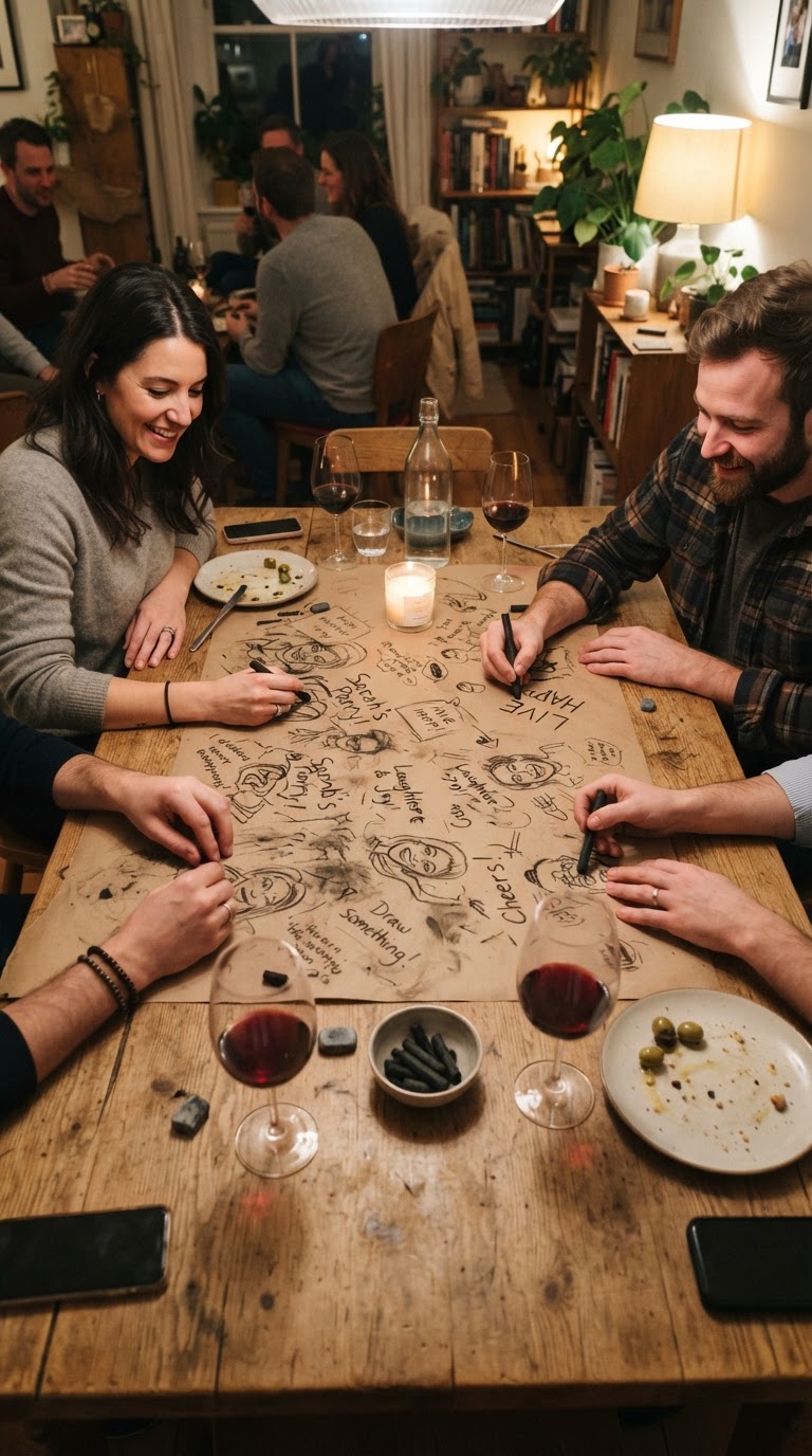8. O caminho de mesa feito de papel de embrulho pardo ilustrado com carvão pelos próprios convidados