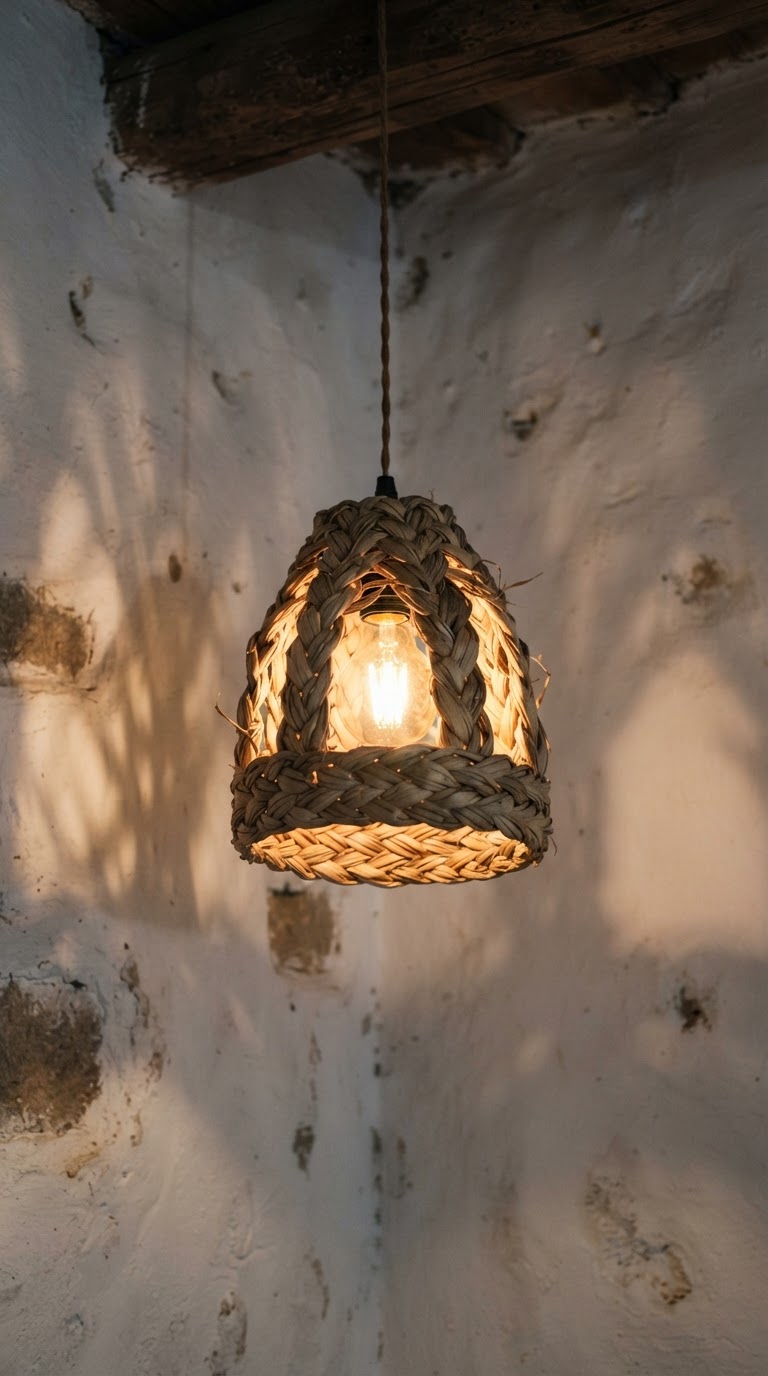 9. A iluminação intimista feita com cúpulas de palha de milho trançada sobre lâmpadas LED quentes