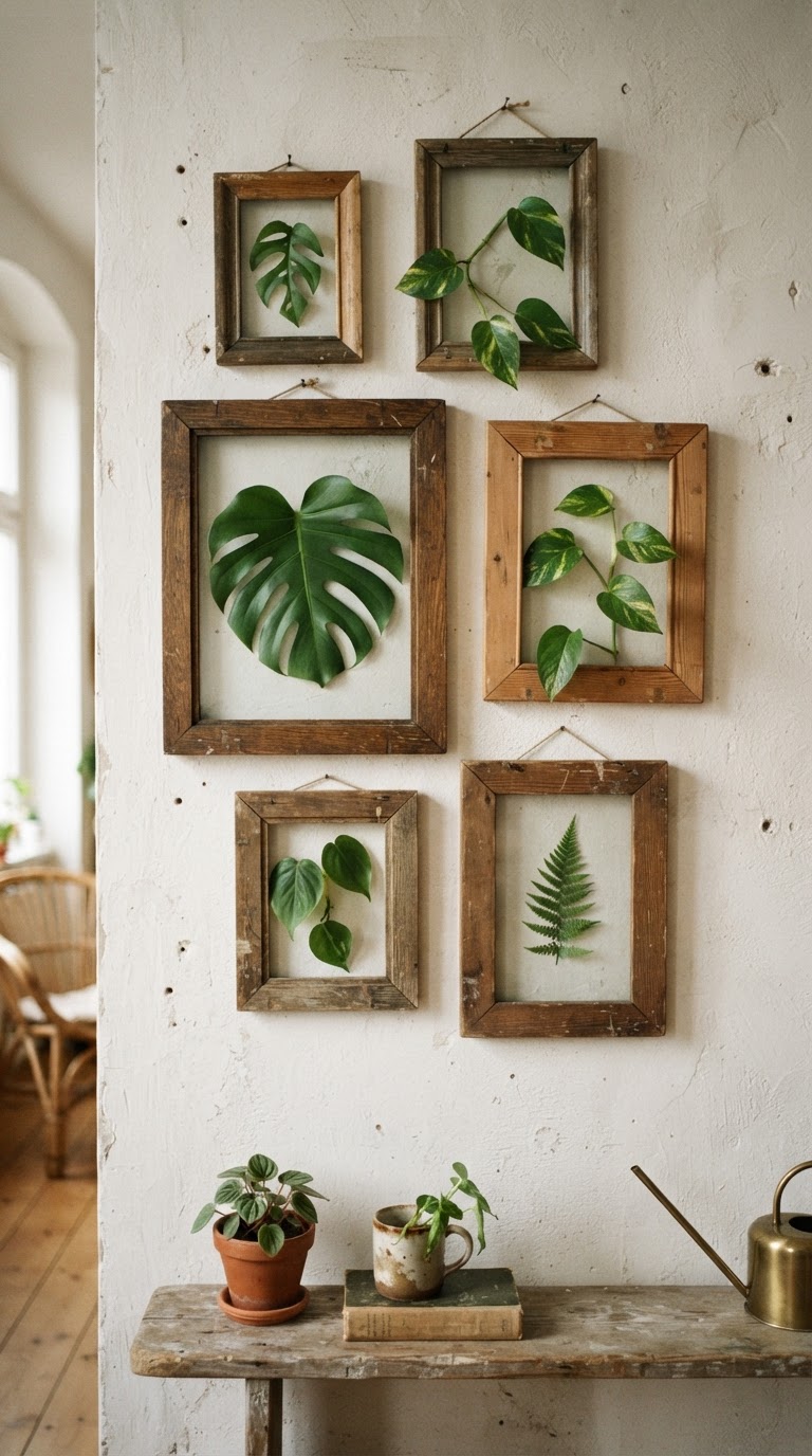 11. A parede galeria com molduras vazias de madeira de demolição emoldurando plantas vivas da casa