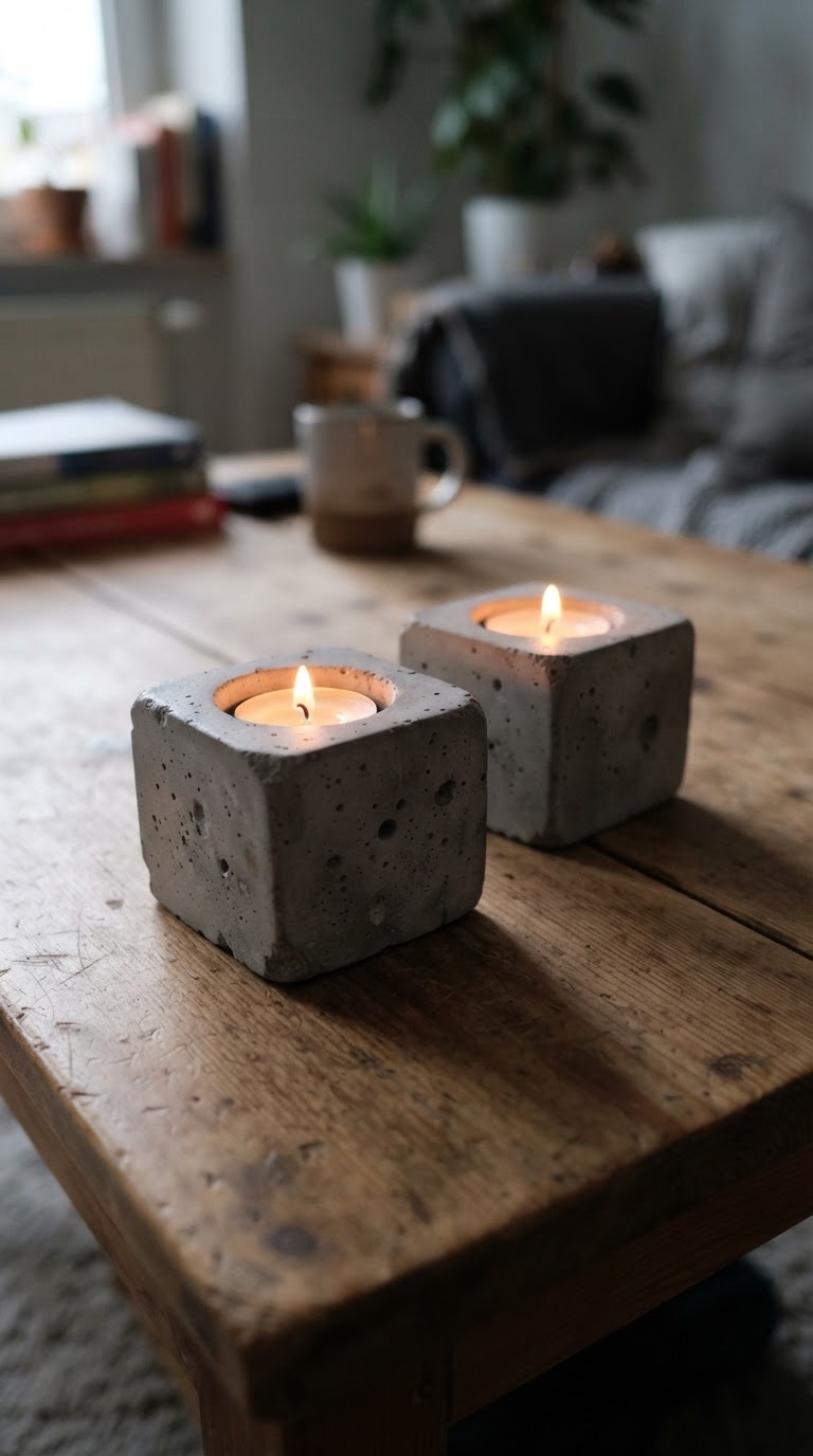 11. Os porta-velas de concreto moldados em embalagens vazias de leite cartonado
