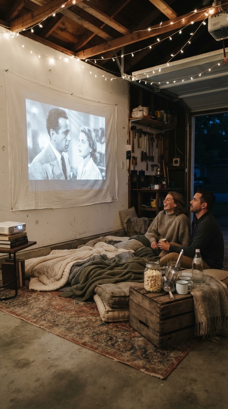 2. O cinema particular na garagem com projeção em lençol de linho e menu de petiscos rústicos