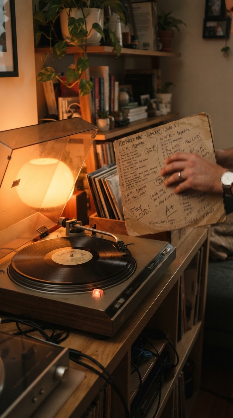 7. O mini-concerto de vinil personalizado com sessão de audição guiada por notas escritas à mão
