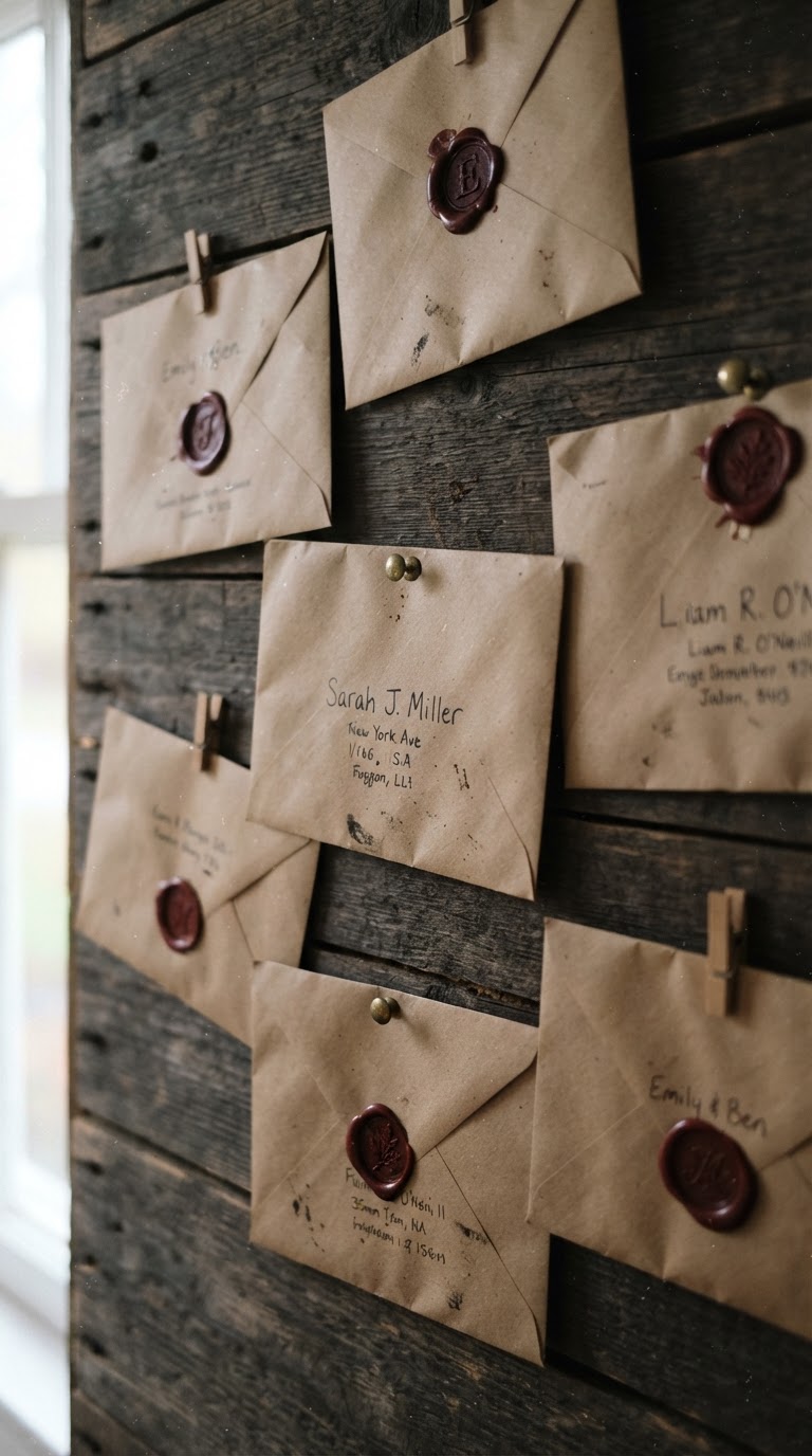 10. O mural de desejos coletivo feito com cartas lacradas em envelopes de papel kraft