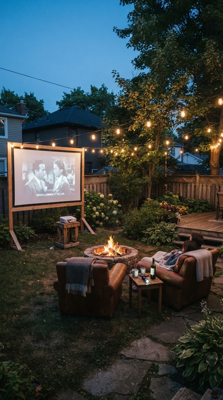 6. O cinema ao ar livre no quintal com poltronas de couro e fogueira rústica
