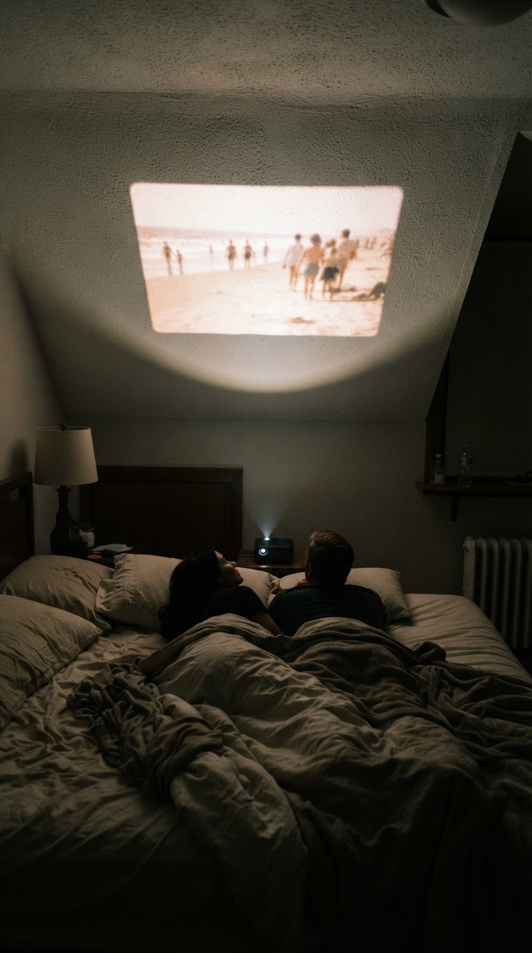O microcinema reverso com projeção geométrica no teto para assistir deitado