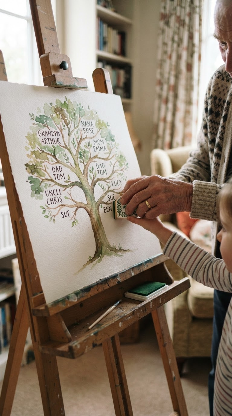 8. O Painel de Árvores Genealógicas Ilustradas em Aquarela