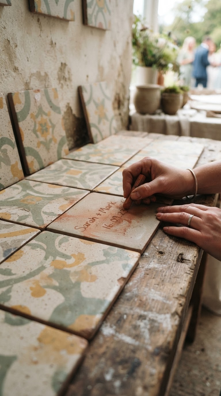 A parede de recados interativos em azulejos de cerâmica hidráulica e giz pastel