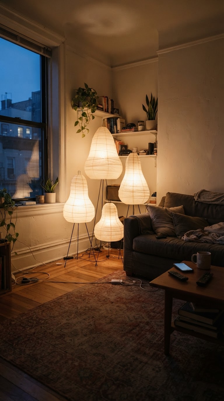 A iluminação de chão com luminárias de papel de arroz japonês em diferentes alturas