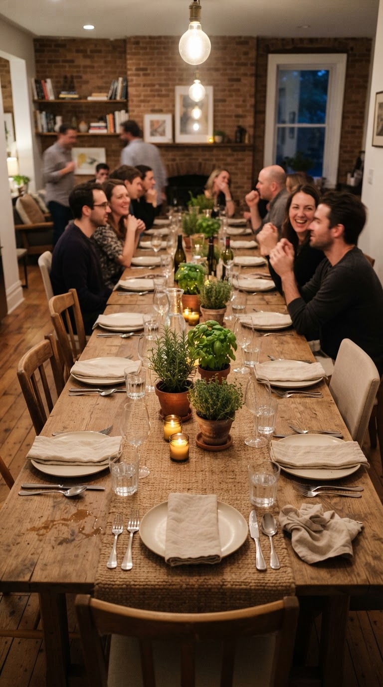 A mesa de jantar comunitária com caminhos de mesa em juta crua e vasos de barro terracota com temperos vivos