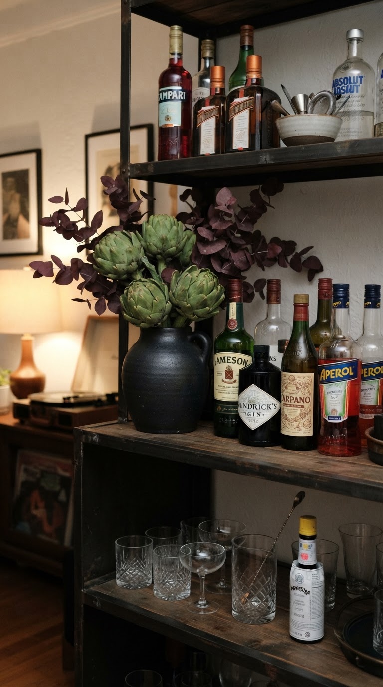 O bar de coquetéis decorado com prateleiras de ferro escovado e arranjos de alcachofras e folhagens escuras