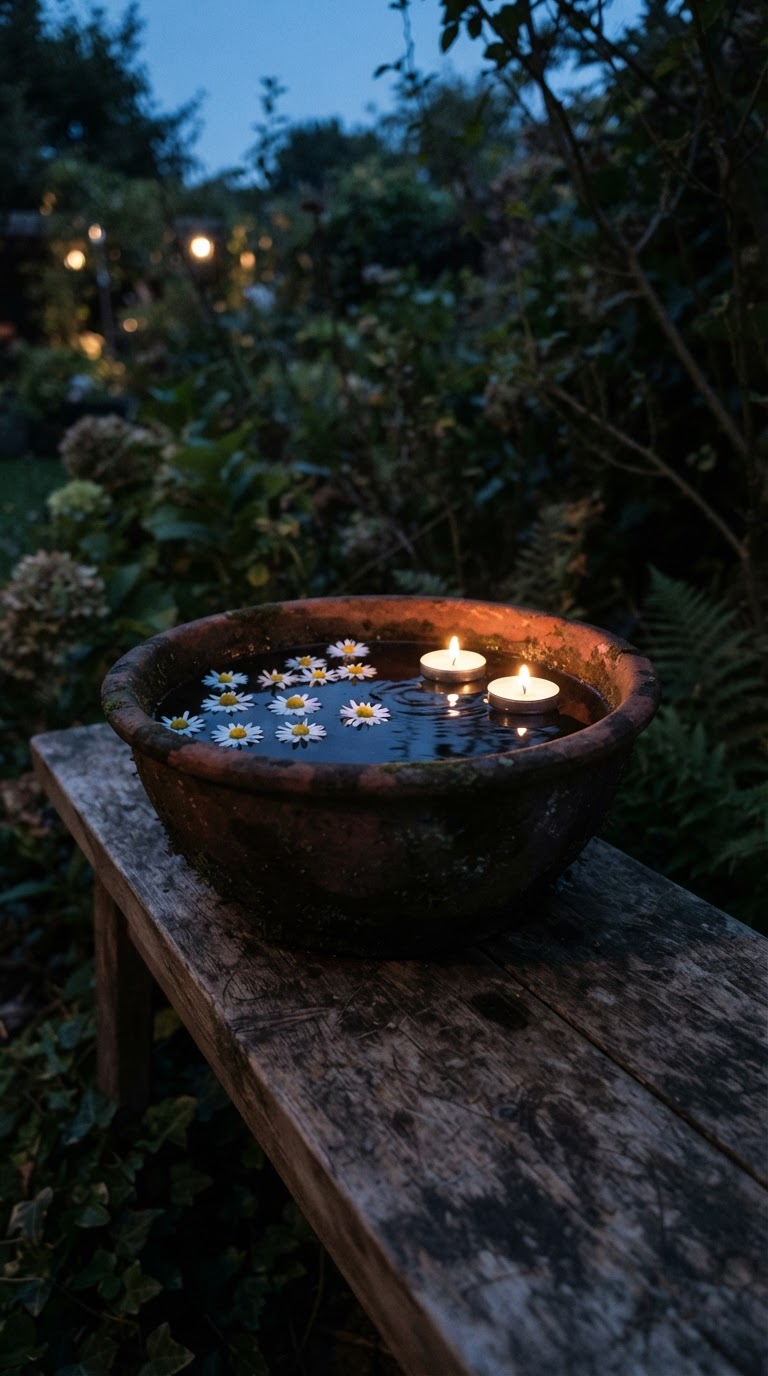 Lanternas flutuantes de água e flores do jardim em bacias de barro rústicas