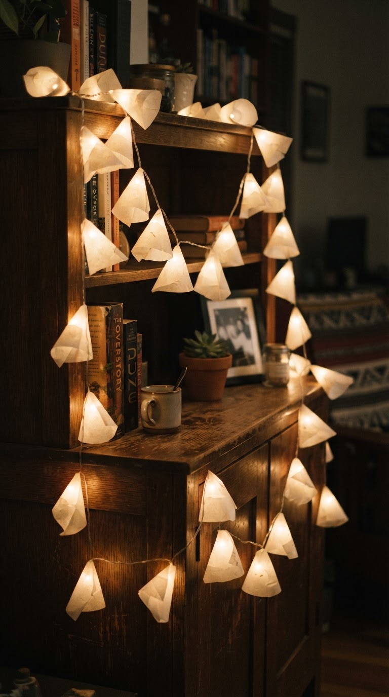 Difusores de luz feitos com cones de papel manteiga sobre fios de LED