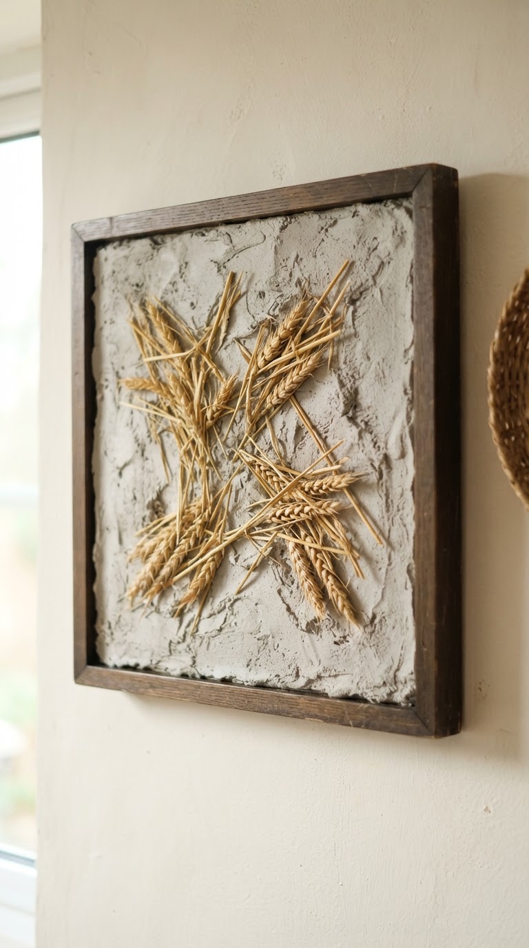 O painel de texturas de argila e palha de trigo trançada em moldura brutalista