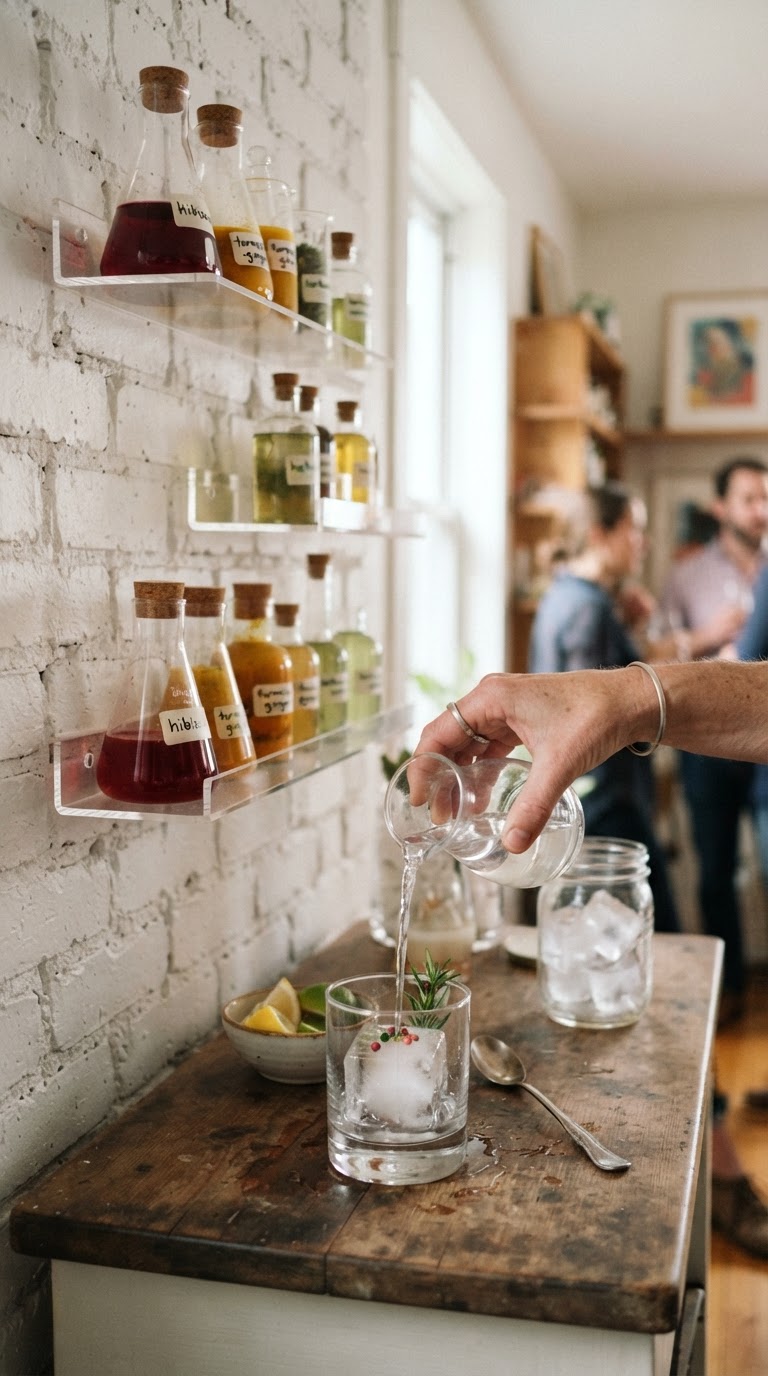 O bar-laboratório de infusões frias expostas em prateleiras flutuantes de acrílico