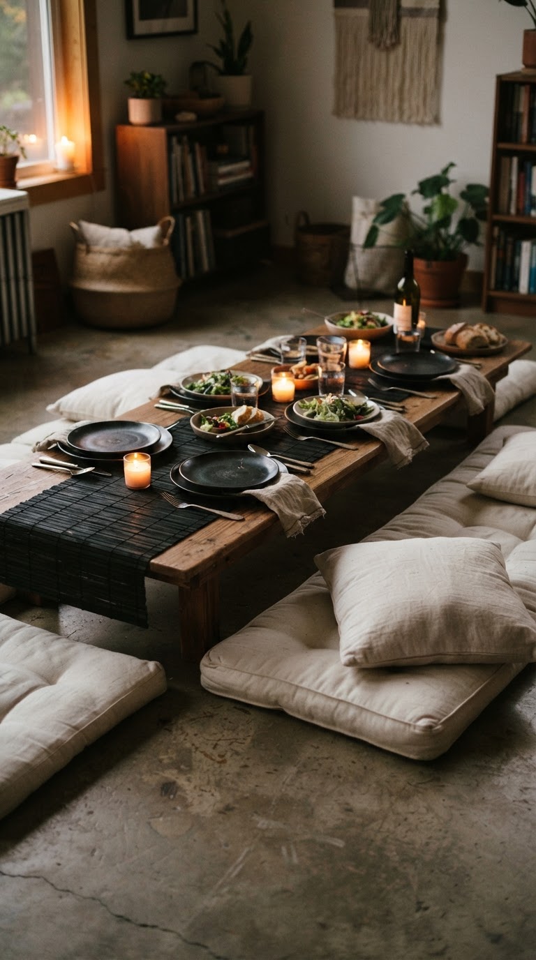 A mesa baixa de estilo tatame com futons de algodão cru e caminhos de mesa de bambu carbonizado