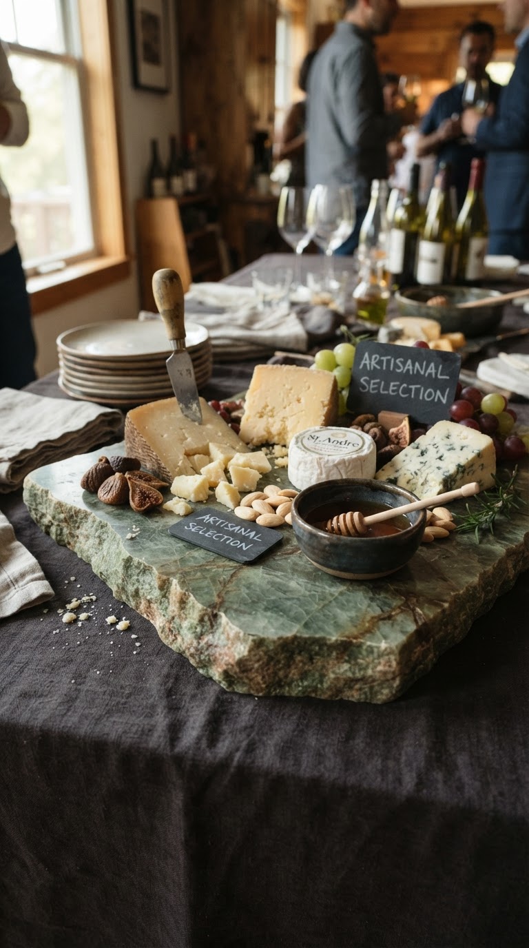 O buffet-escultura focado em queijos curados dispostos sobre blocos brutos de quartzito verde
