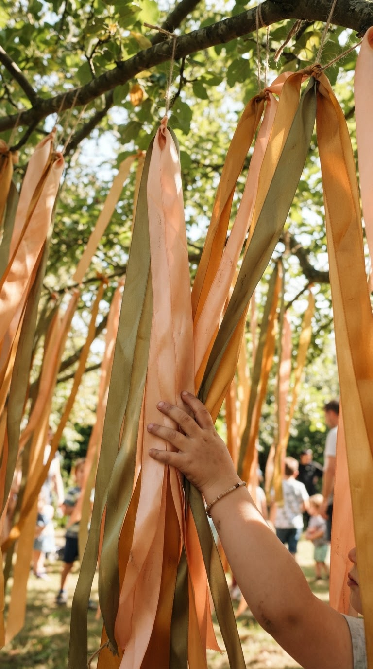 O labirinto suspenso de fitas de cetim coloridas no jardim