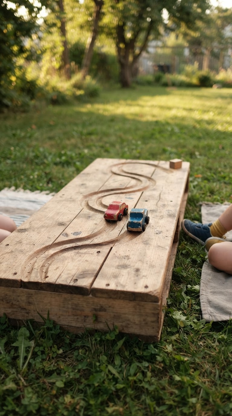 A pista de corrida de carrinhos entalhada nas mesas coletivas de pallet