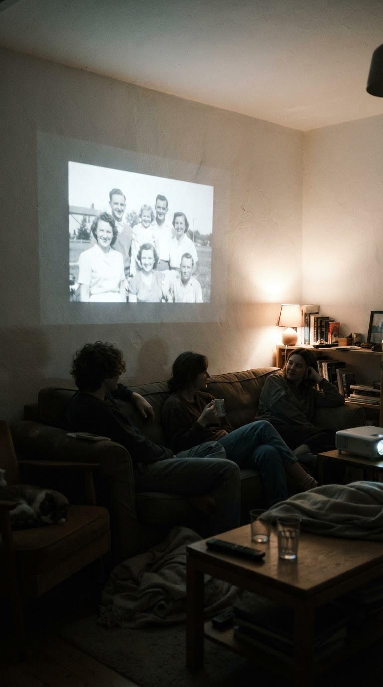 A parede de projeção dinâmica exibindo fotos analógicas em preto e branco
