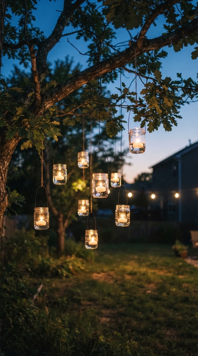 O varal aéreo de copos de vidro com velas flutuantes na área externa