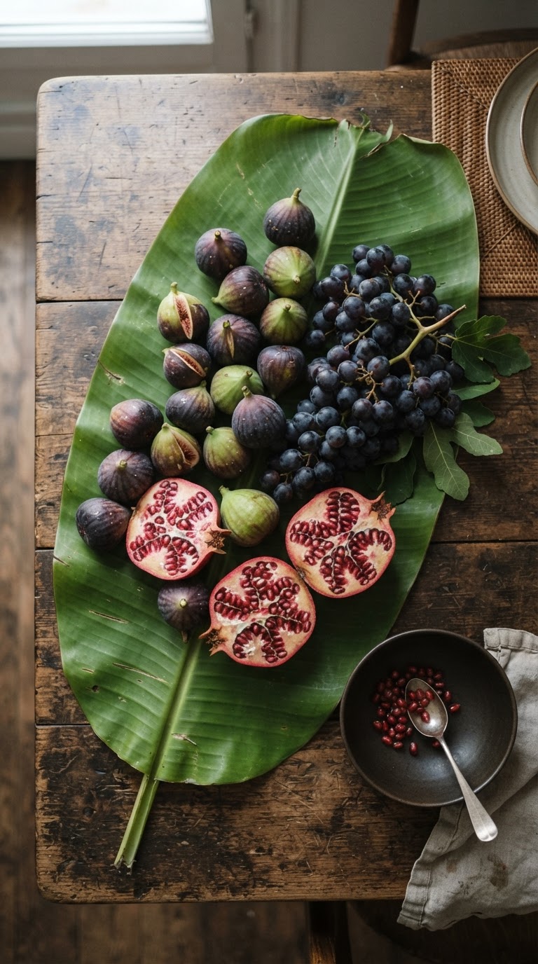 A composição rústica de frutas da estação dispostas sobre folhas de bananeira