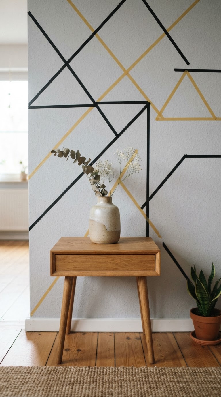 O mural de linhas geométricas minimalistas criado com fitas adesivas coloridas