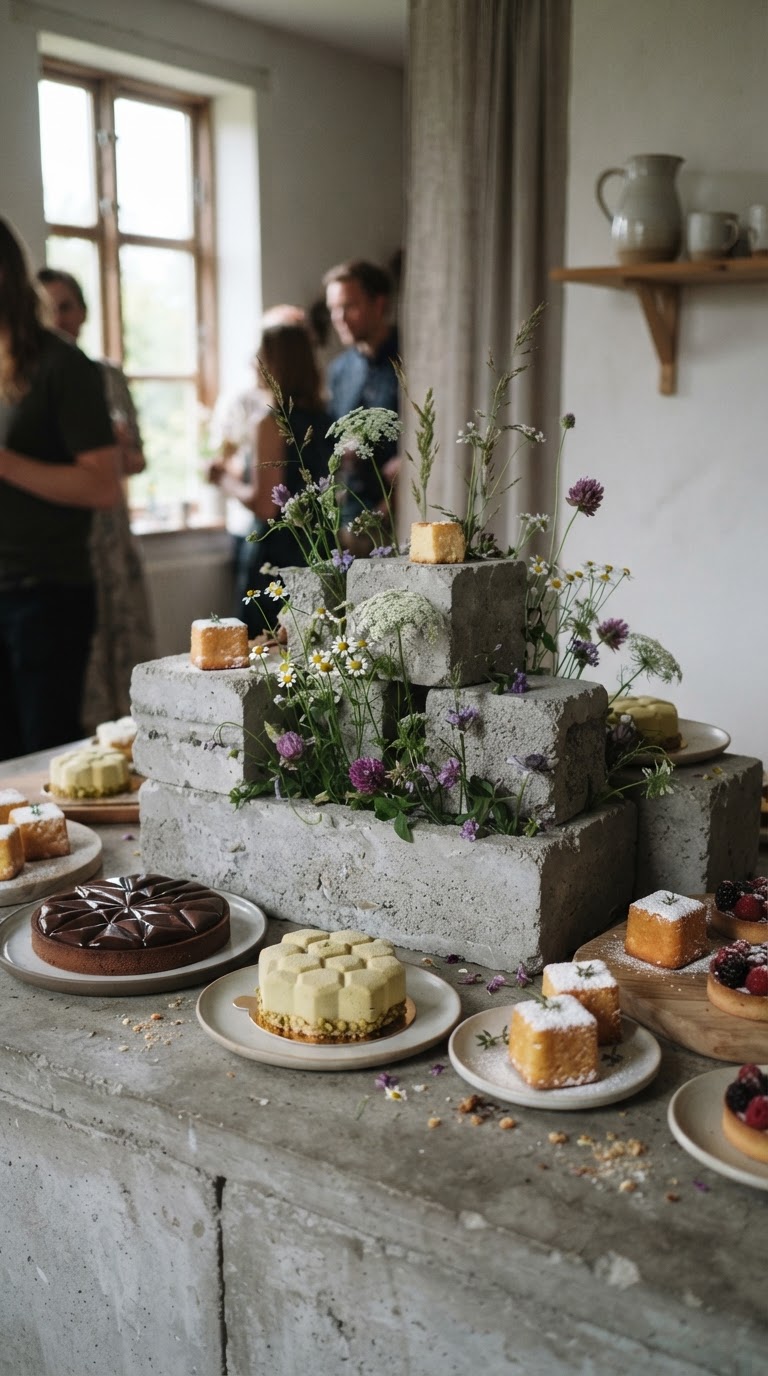 A mesa de doces com blocos de concreto arquitetônico e flora silvestre