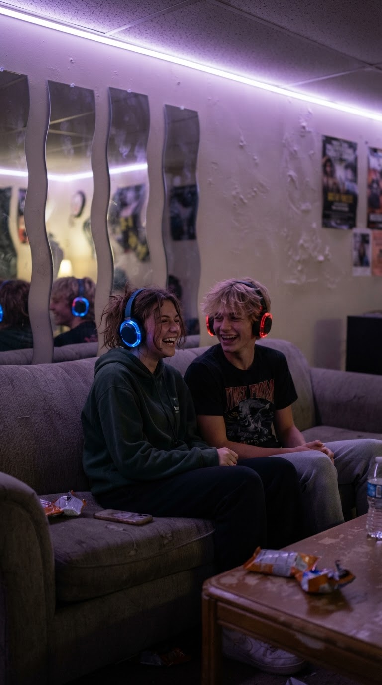 O lounge futurista com fones de ouvido luminosos e painéis espelhados