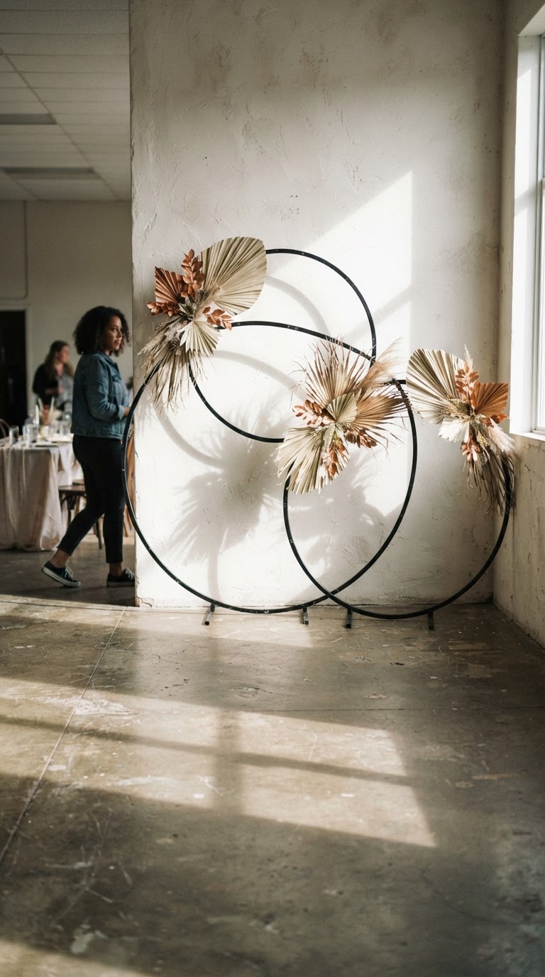 O painel tropical minimalista com folhas de palmeira secas e aros metálicos