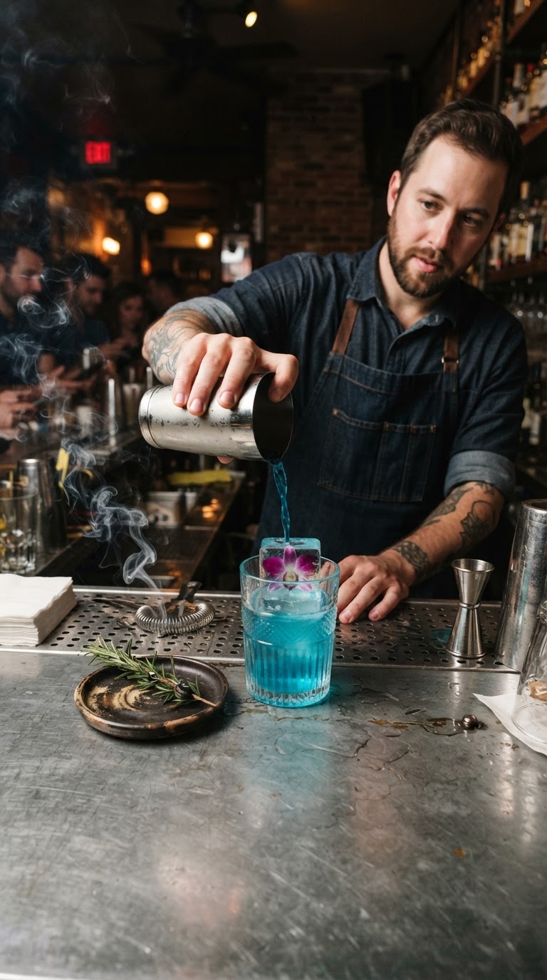 O bar de elixires não alcoólicos com gelo botânico e fumaça aromática